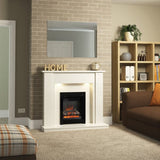 FLARE Athena 16" Inset Electric Fire In Black Finish With FLARE Elda White Micro Marble Fireplace Surround With Smartsense And Undermantel Lighting Pictured In A Room Setting