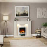 FLARE Elda 48" Manila Micro Marble Electric Fireplace With Undermantel Lights And FLARE Beam Electric Fire Pictured In A Room Setting
