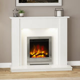 FLARE Elda 48" White Micro Marble Electric Fireplace With Undermantel Lights And FLARE Beam Electric Fire Pictured In A Room Setting