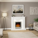 FLARE Elda 48" White Micro Marble Electric Fireplace With Undermantel Lights And FLARE Beam Electric Fire Pictured In A Room Setting