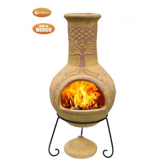 Gardeco Derwyn The Tree Mexican Chimenea In Mustard Tone Lighted-Up And In Action | SKU: C8D.57 | Barcode: 5031599048604