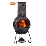 Side View On Gardeco Wulfryc Charcoal Grey Chimenea With Celtic Stylised Wolf With Burning Logs Inside | SKU: C21W.55 | Barcode: 5031599049779