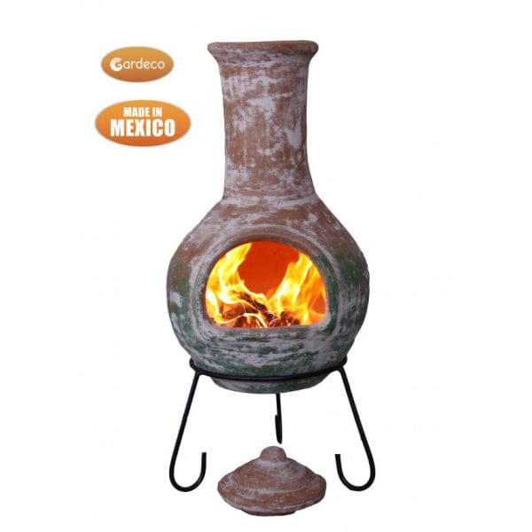 Gardeco Colima Mexican Chiminea With Natural Clay Top & Green Bottom With Burning Logs Inside | SKU: C8C.70 | Barcode: 5031599049489
