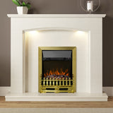 FLARE Emelia White Micro Marble Fireplace Surround With Smartsense Undermantel Lighting Pictured With FLARE Bayden Brass Inset Electric Fire In A Room Setting