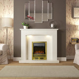 FLARE Emelia White Micro Marble Fireplace Surround With Smartsense Undermantel Lighting Pictured With FLARE Bayden Brass Inset Electric Fire In A Room Setting
