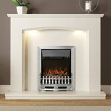 FLARE Emelia White Micro Marble Fireplace Surround With Smartsense Undermantel Lighting Pictured With FLARE Bayden Chrome Inset Electric Fire In A Room Setting