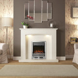 FLARE Emelia White Micro Marble Fireplace Surround With Smartsense Undermantel Lighting Pictured With FLARE Bayden Chrome Inset Electric Fire In A Room Setting