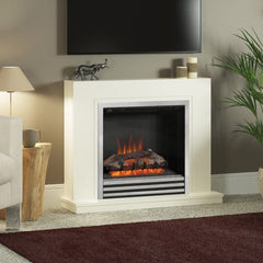 FLARE Colby 38" Timber Electric Fireplace In Soft White Finish With Integrated Widescreen Electric Fire In Chrome Pictured In A Room Setting