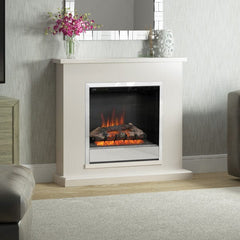 FLARE Elsham 40" Timber Electric Fireplace In Pearlescent Cashmere Finish With Integrated Widescreen Electric Fire In Chrome Pictured In A Room Setting