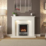 FLARE Emelia White Micro Marble Fireplace Surround With Smartsense Undermantel Lighting Pictured In A Room Setting
