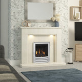 FLARE Madalyn Micro Marble Fireplace Surround With Smartsense Undermantel Lighting Complete With FLARE Gas Fire And Pictured In A Room Setting