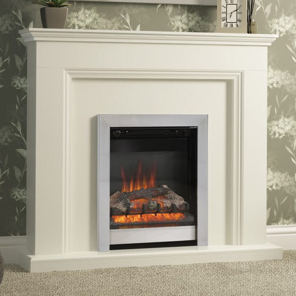 FLARE Westcroft 48" Timber Electric Fireplace With Integrated FLARE Athena 18" Inset Electric Fire In Chrome Pictured In A Room Setting