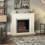 FLARE Whitham 48" Timber Electric Fireplace In Soft White Painted Finish With Integrated Widescreen Electric Fire In Black Nickel Pictured In A Room Setting