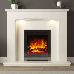 FLARE Emelia White Micro Marble Fireplace Surround With Smartsense Undermantel Lighting With FLARE Beam 16" Inset Electric Fire In Black Nickel Finish Pictured A Room Setting