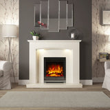 FLARE Emelia White Micro Marble Fireplace Surround With Smartsense Undermantel Lighting With FLARE Beam 16" Inset Electric Fire In Black Nickel Finish Pictured A Room Setting