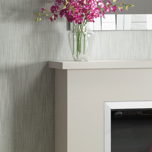 FLARE Elsham 40" Timber Electric Fireplace In Pearlescent Cashmere Finish With Integrated Widescreen Electric Fire In Chrome Pictured In A Room Setting