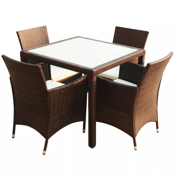 VidaXL Brown Poly Rattan 5 Piece Outdoor Dining Set With Cushions | SKU: 43129 | UPC: 8718475506928