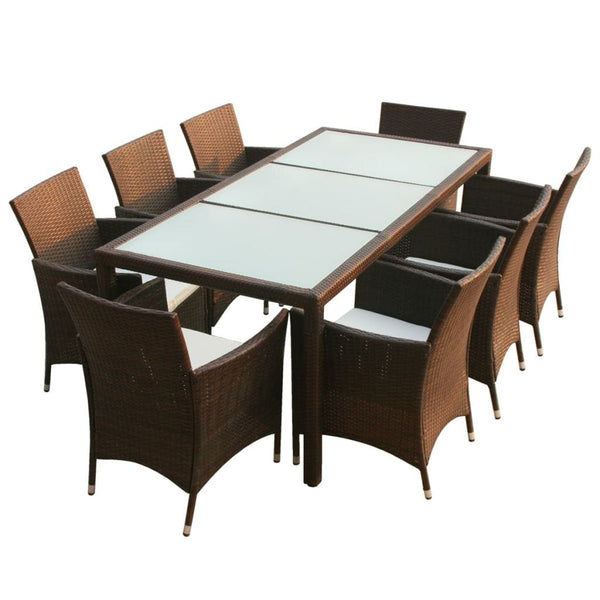 VidaXL Brown Poly Rattan 9 Piece Outdoor Dining Set With Cushions | SKU: 43125 | UPC: 8718475506881