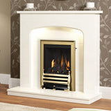 FLARE Tasmin 42" White Micro Marble Fireplace Surround With Undermantel Lighting Pictured In A Room Setting