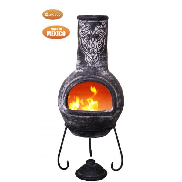 Gardeco Wulfryc Charcoal Grey Chimenea With Celtic Stylised Wolf With Burning Logs Inside | SKU: C21W.55 | Barcode: 5031599049779