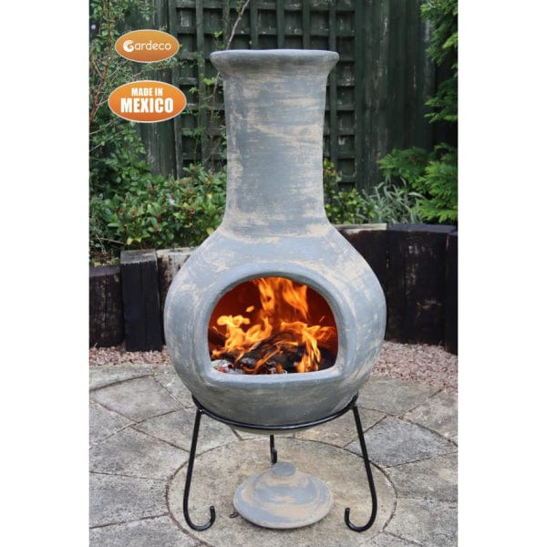 Gardeco Extra Large Colima Mexican Chiminea In Grey With Burning Logs Inside | SKU: C8C.56 | Barcode: 5031599050416