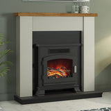 FLARE 42" Ravensdale Timber Electric Fireplace In Stone Finish With Anthracite Back Panel & Hearth And Country Oak Top With FLARE Banbury 16" Inset Electric Stove Pictured In A Room Setting