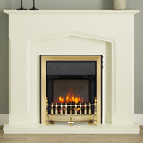 FLARE Bramwell 45" Timber Electric Fireplace In Soft White Finish With Integrated FLARE Fazer 16" Inset Electric Fire In Brass Finish Pictured In A Room Setting