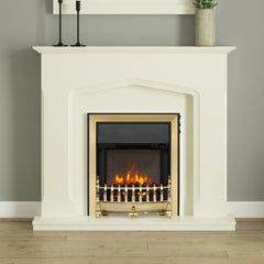 FLARE Bramwell 45" Timber Electric Fireplace In Soft White Finish With Integrated FLARE Fazer 16" Inset Electric Fire In Brass Finish Pictured In A Room Setting