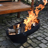 Esschert Design Black Steel Sloping Fire Bowl With Burning Logs In A Garden Setting | SKU: 422496 | UPC: 8714982142727